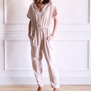 Everly Cottage Polka Dot Cream Short Sleeved Button Down Jumpsuit Size Large